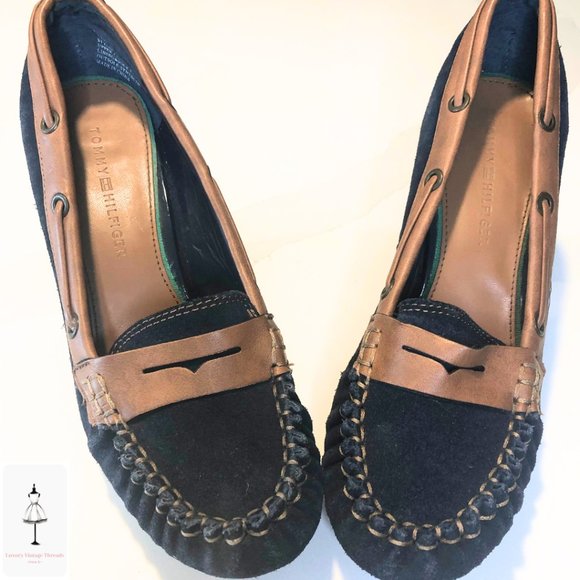 Tommy Hilfiger Blue Suede Tan Leather Loafers-Heels - Picture 1 of 3